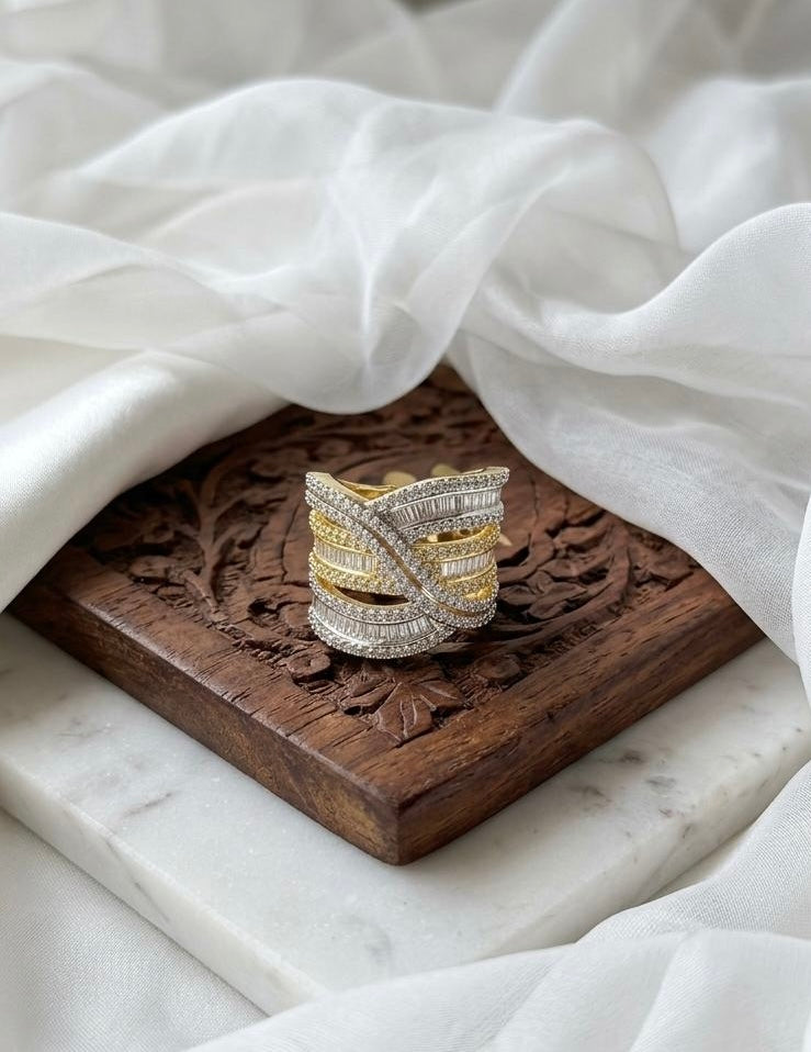Rhodium Plated Zirconia Studded American diamond adjustable Ring| Hand Jewelry oxidised German silver Rings saree kurta Bloom - By Sushmita India Navratri Diwali Ganpati holi Eid