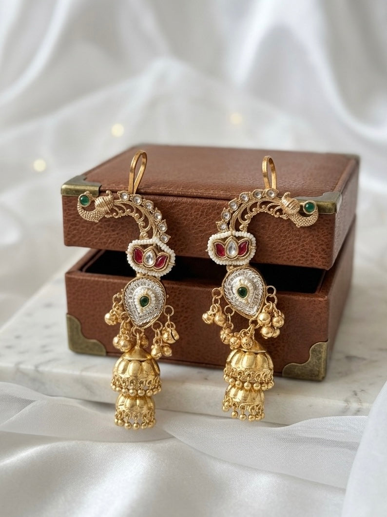 Saraswati  | gold plated kundan ear cuffs | ghungru Earrings
