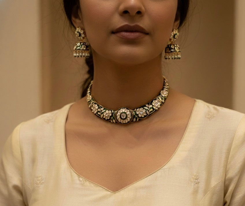 Rajwada - heritage 18k gold plated kundan necklace set with meenakari work