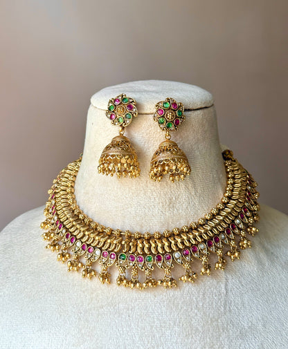 Handcrafted rajwadi choker Necklace- heritage 18k gold plated temple necklace set oxidised German silver Jewelry saree kurta Bloom - By Sushmita India Navratri Diwali Ganpati holi Eid