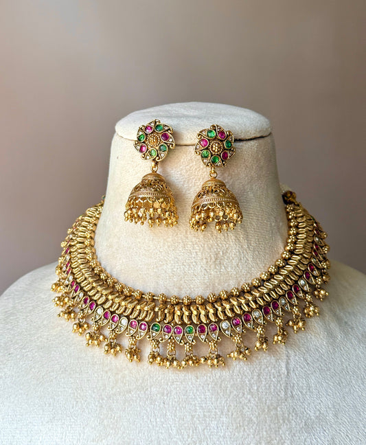 Handcrafted rajwadi choker Necklace- heritage 18k gold plated temple necklace set