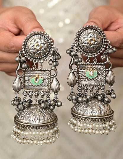 NOOR | silver with white pearl Long Jhumka