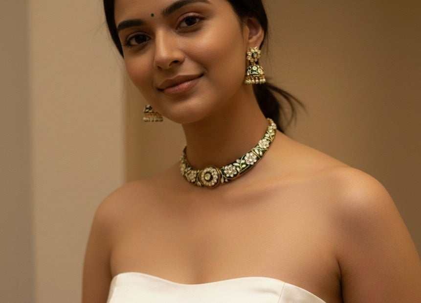 Rajwada - heritage 18k gold plated kundan necklace set with meenakari work