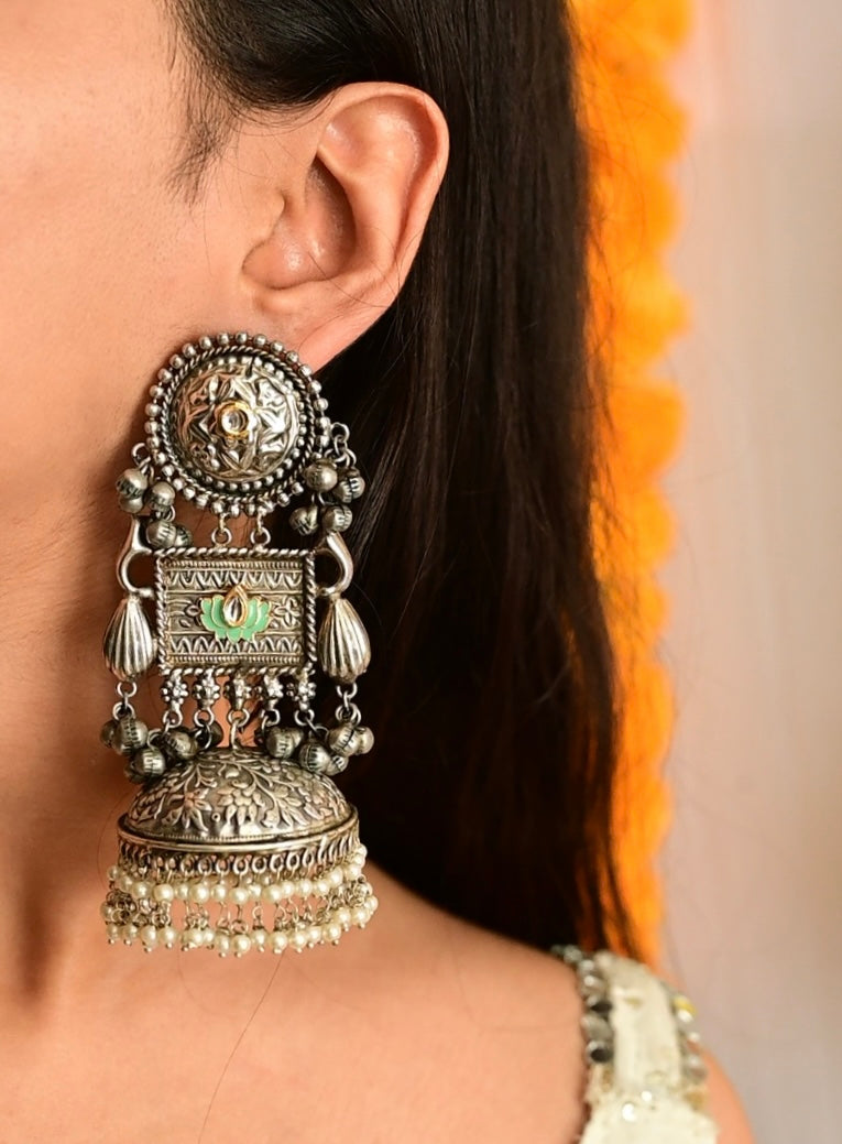 NOOR | silver with white pearl Long Jhumka