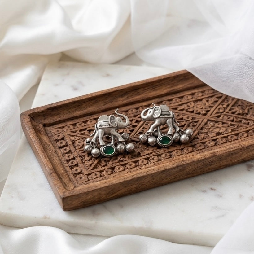 Elephant Silver Stud Earrings with color stones