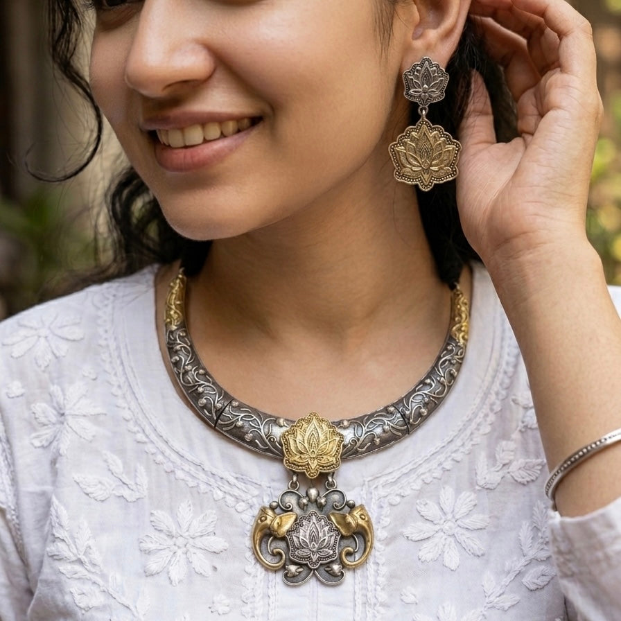 Dual tone german silver & Golden Necklace Set with earrings | Traditional Jewellery | Bloom By Sushmita