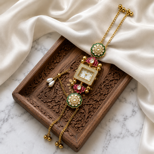Kundan designed Watch | hand Jewelry oxidised German silver saree kurta Bloom - By Sushmita India Navratri Diwali Ganpati holi Eid