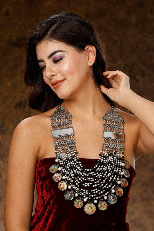 Mirror Studded Multilayered Pearl Handpainted Picture Detailing Necklace