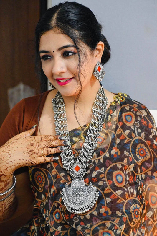 Silver-Plated Brass Handcrafted Tasselled Antique Design Oxidised Necklace Jewellery Set