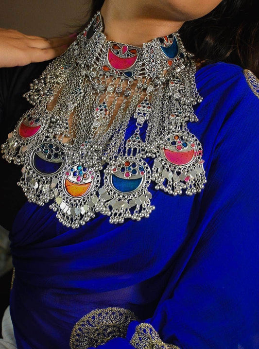 Meenakari Work Afghan Tribal Design Oxidised Silver Plated Handcrafted Necklace