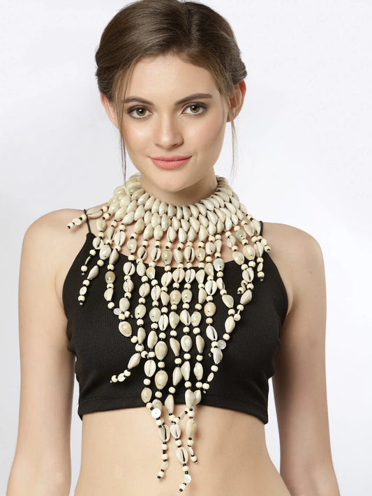 Silver-Toned & Off White Brass Silver-Plated Bohemian Cowri Necklace
