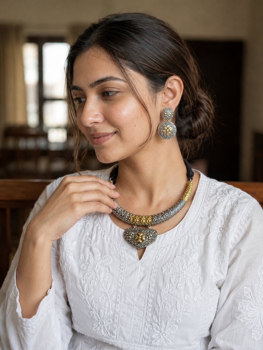 Dual tone german silver & Golden Necklace Set with earrings | Traditional Jewellery | Bloom By Sushmita
