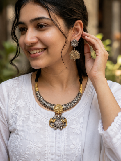 Dual tone german silver & Golden Necklace Set with earrings | Traditional Jewellery | Bloom By Sushmita