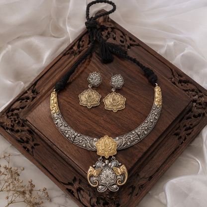 Dual tone german silver & Golden Necklace Set with earrings | Traditional Jewellery | Bloom By Sushmita