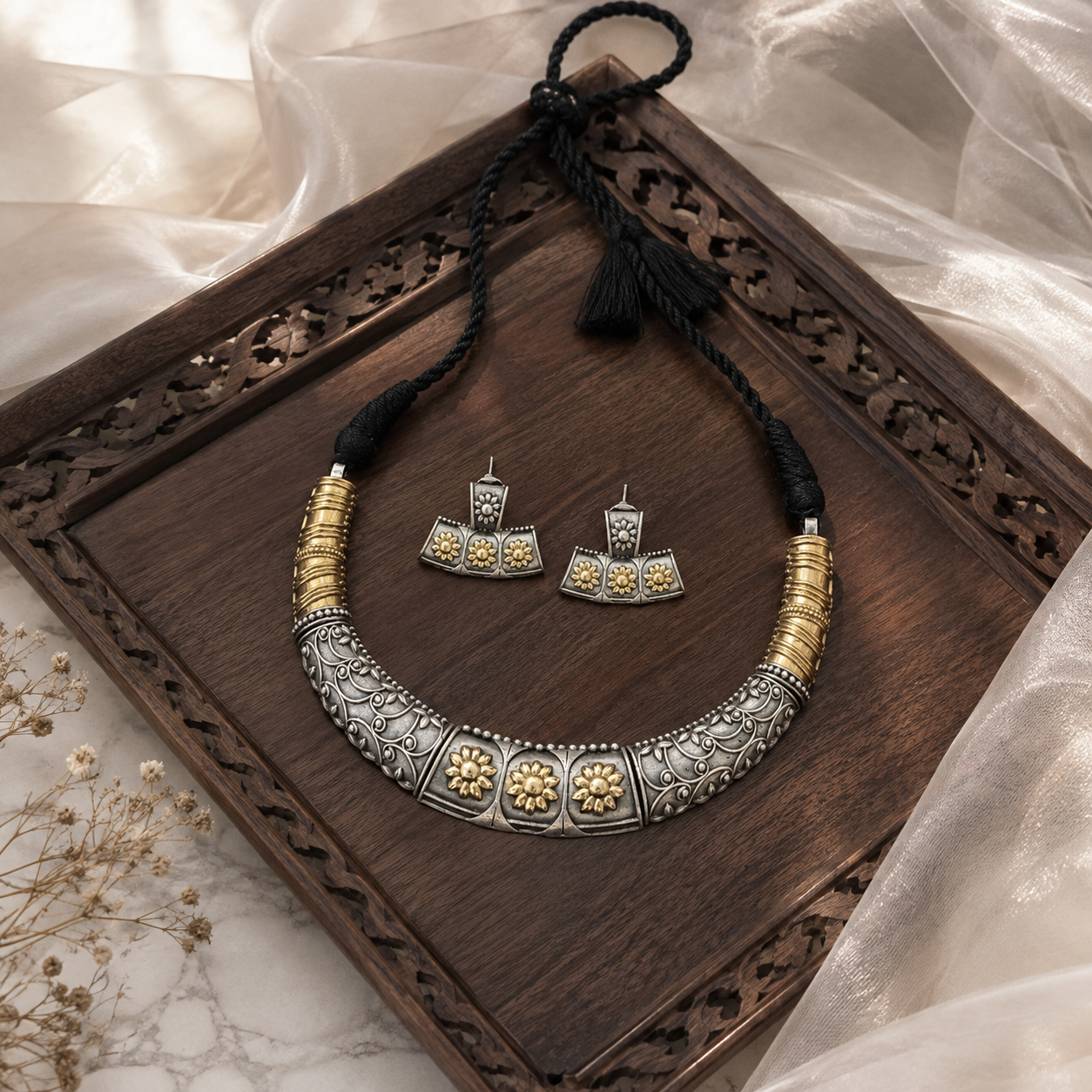 Dual tone german silver & Golden Necklace Set with earrings | Traditional Jewellery | Bloom By Sushmita