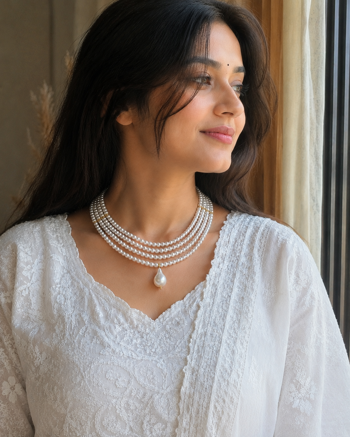 Moti haar | white pearl necklace | layered choker