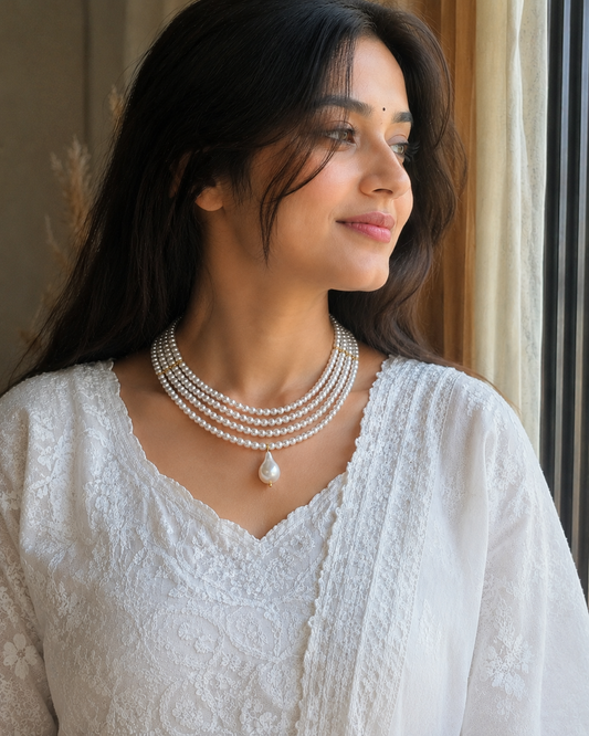 Moti haar | white pearl necklace | layered choker