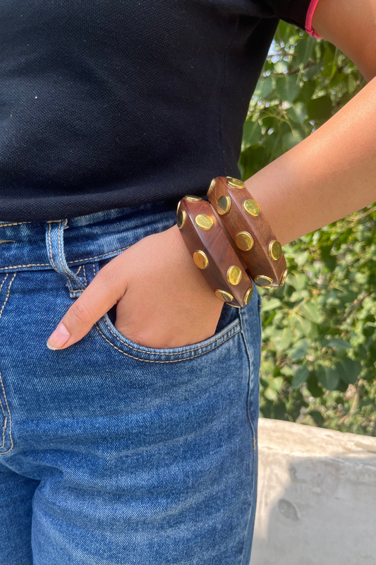 Wooden Statement kada / bracelet with Golden dots