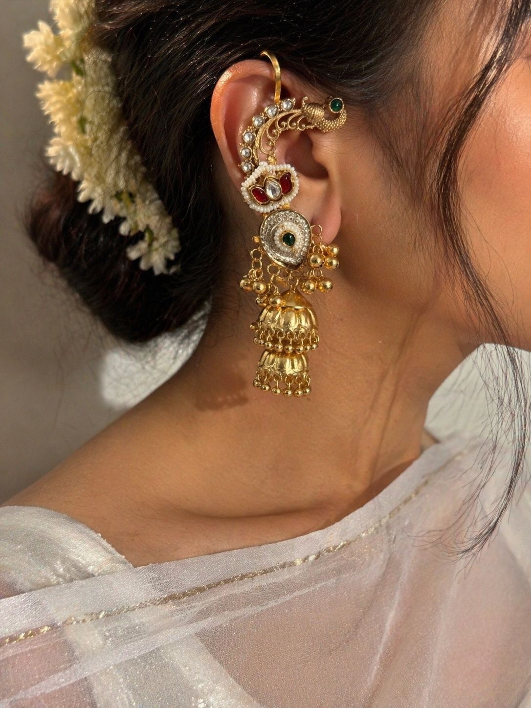 Saraswati  | gold plated kundan ear cuffs | ghungru Earrings