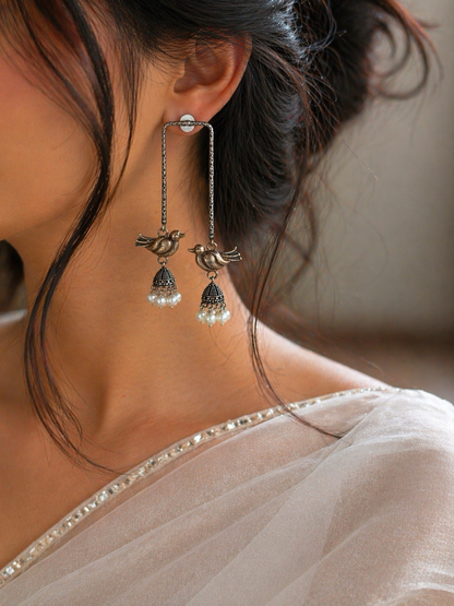 Dual tone Silver Peacock Earrings With Ghungru