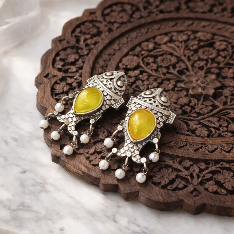Monalisa stone Statement light-weighted  Fish Design Silver Earrings