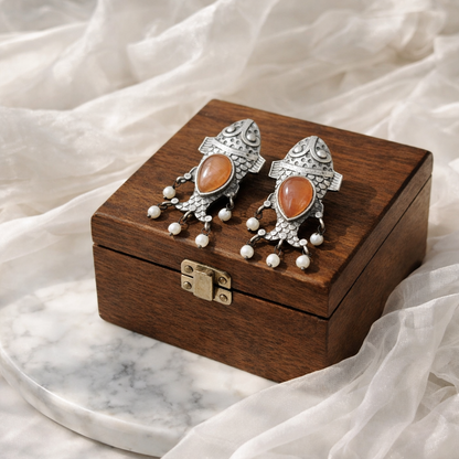 Monalisa stone Statement light-weighted  Fish Design Silver Earrings