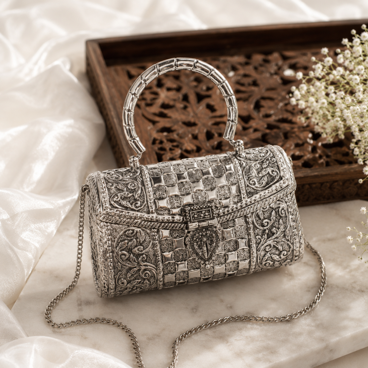 Brass Bag | Handcrafted Brass Metal Ethnic Clutch Bag | Bloom By Sushmita