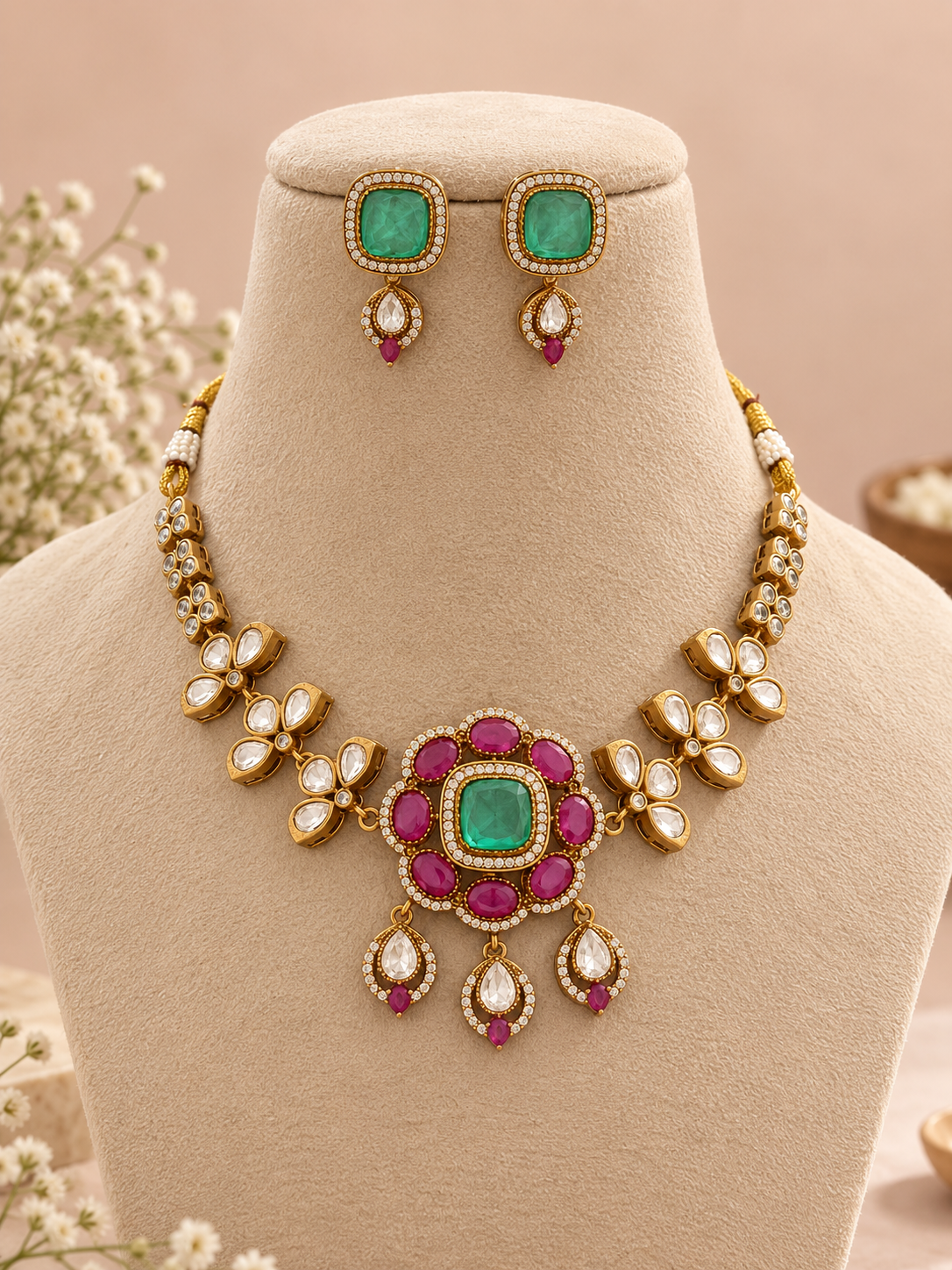 premium floral  kundan and polki Necklace Set with Earrings