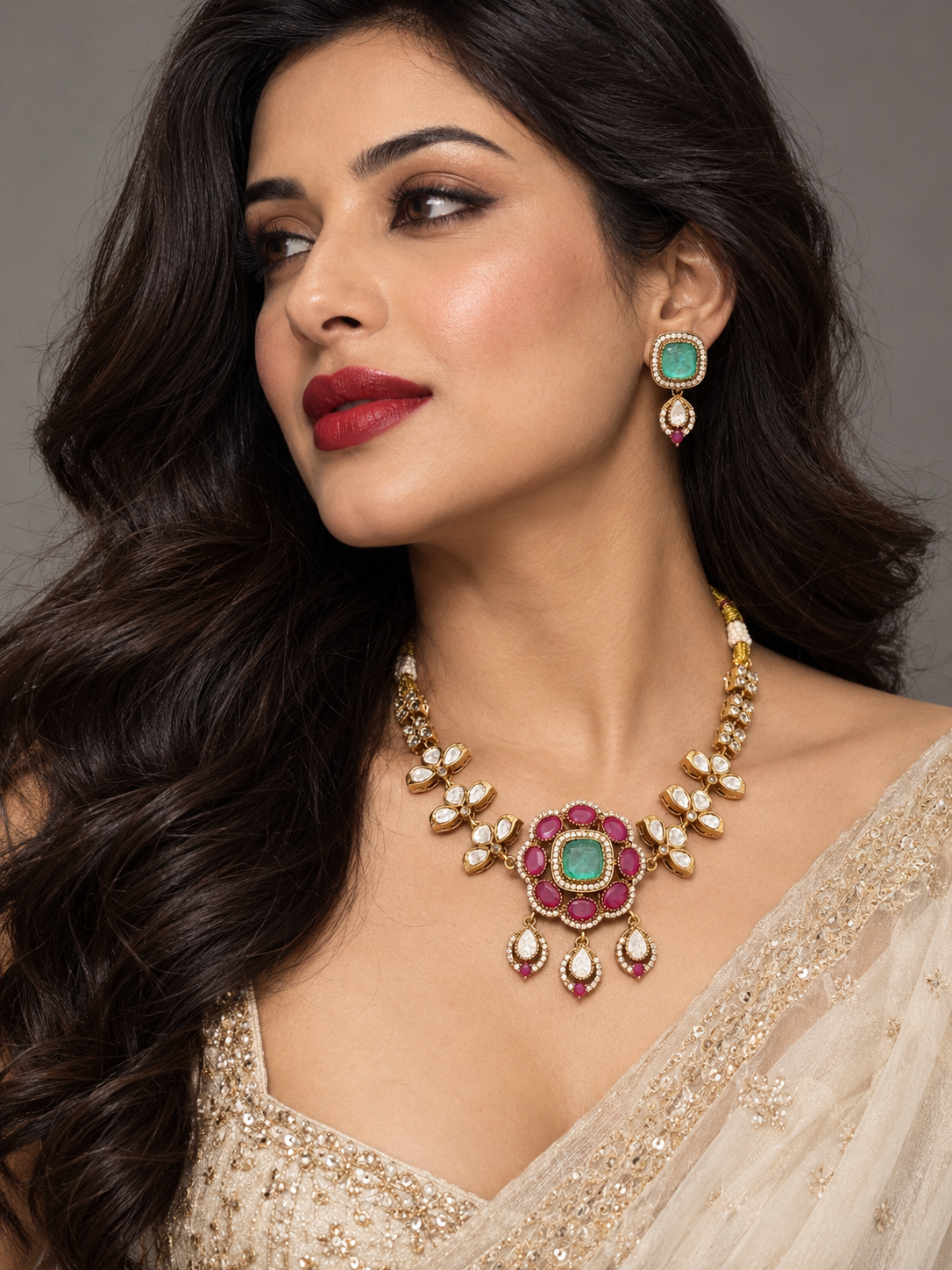 premium floral  kundan and polki Necklace Set with Earrings