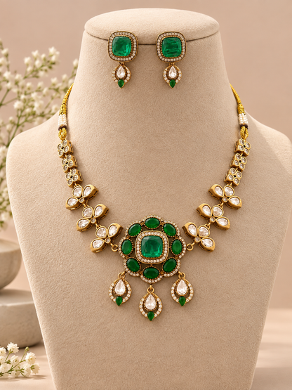 premium floral  kundan and polki Necklace Set with Earrings