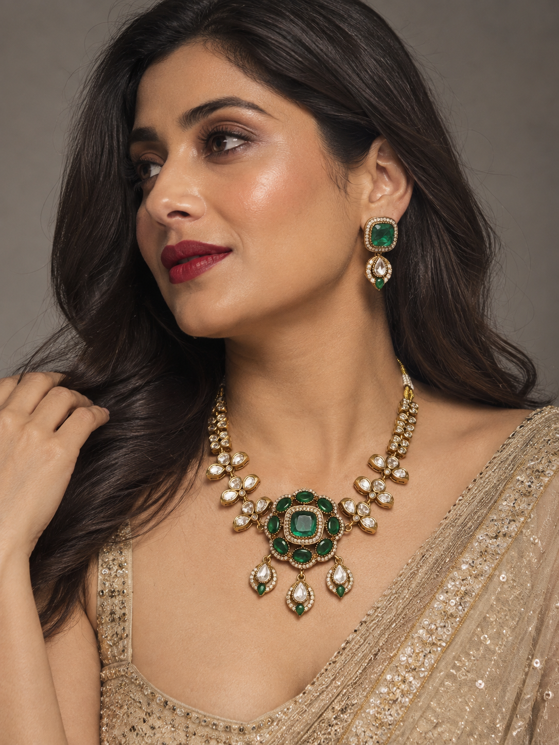 premium floral  kundan and polki Necklace Set with Earrings