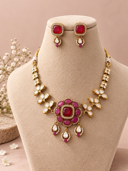 Premium floral  kundan and polki Necklace Set with Earrings
