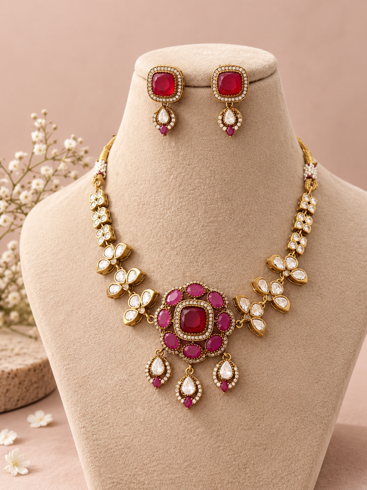 Premium floral  kundan and polki Necklace Set with Earrings