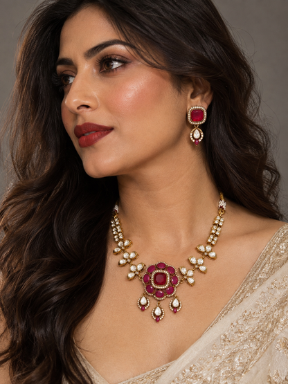Premium floral  kundan and polki Necklace Set with Earrings