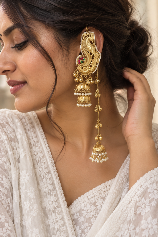 Saraswati  | gold plated kundan Earrings with chain | ghungru Earrings