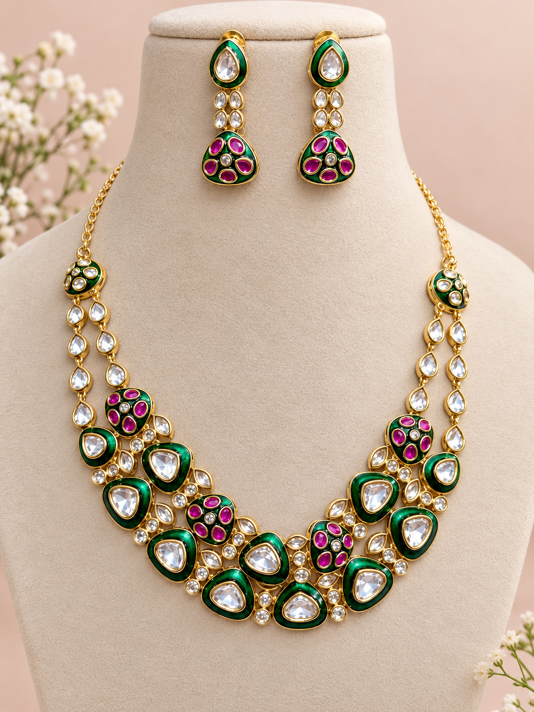 Bridal premium gold kundan and polki Necklace Set with Earrings