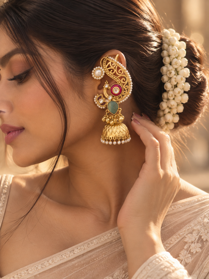 Saraswati  | gold plated kundan ear cuffs | ghungru Earrings