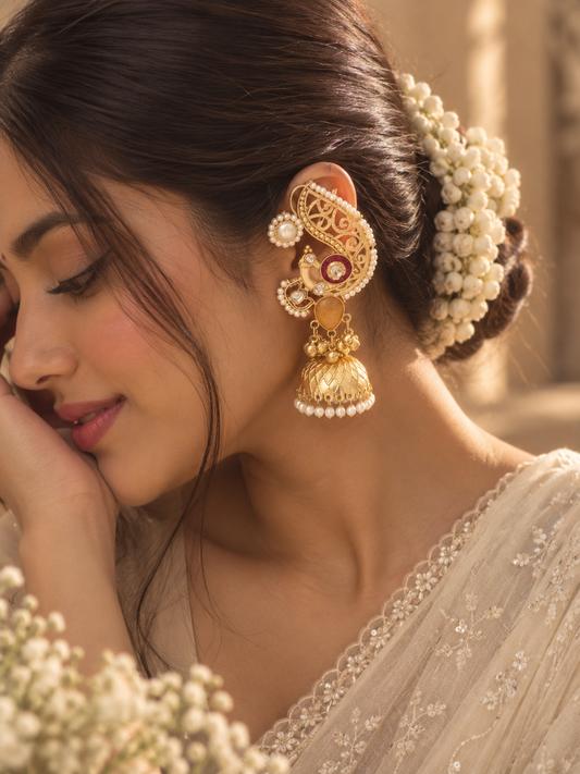 Saraswati  | gold plated kundan ear cuffs | ghungru Earrings