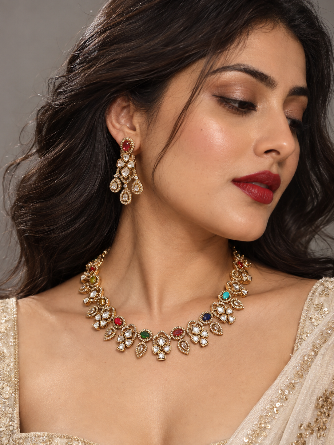 Bridal premium gold kundan and polki Necklace Set with Earrings