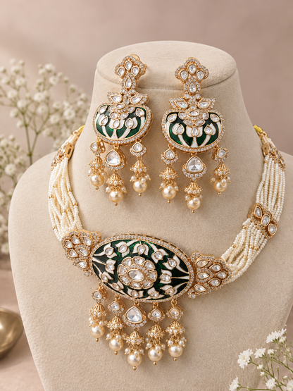 Bridal maharani premium gold kundan and polki choker Necklace Set with Earrings