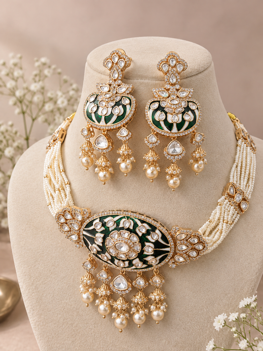 Bridal maharani premium gold kundan and polki choker Necklace Set with Earrings