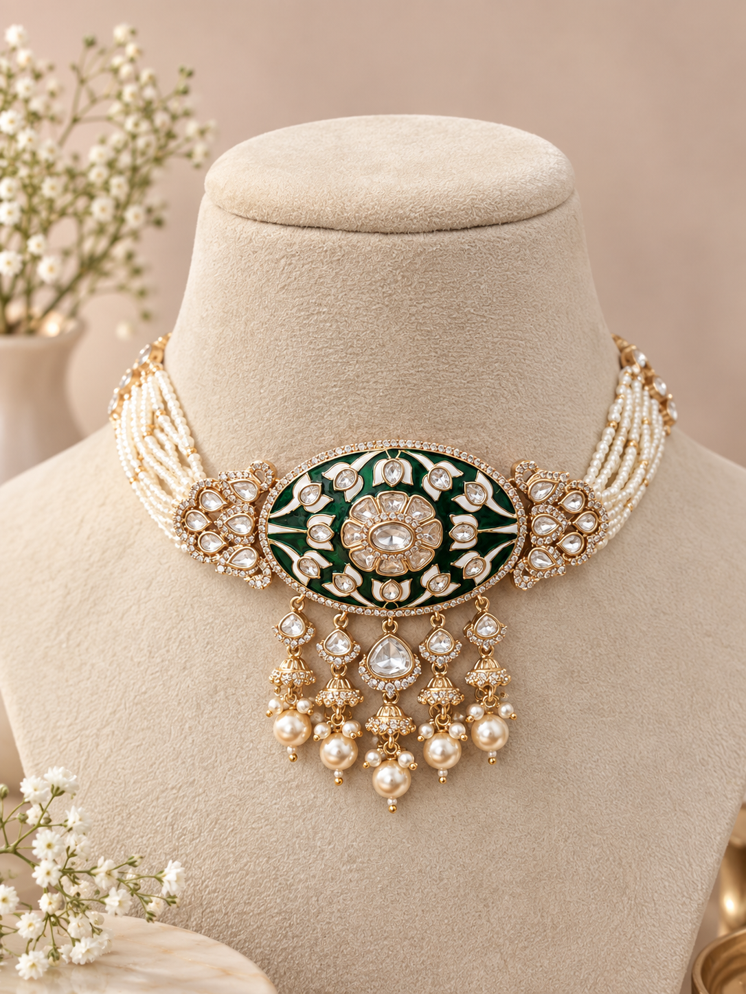 Bridal maharani premium gold kundan and polki choker Necklace Set with Earrings