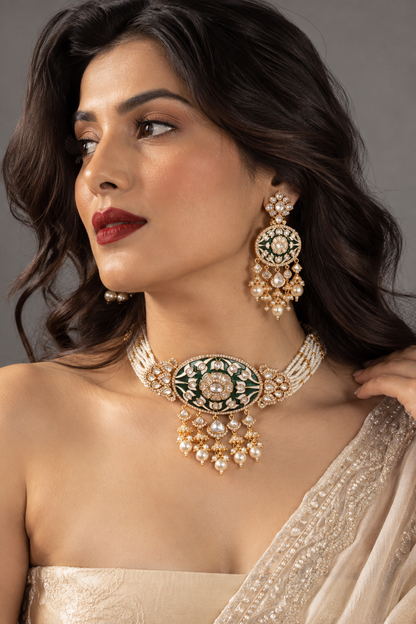 Bridal maharani premium gold kundan and polki choker Necklace Set with Earrings