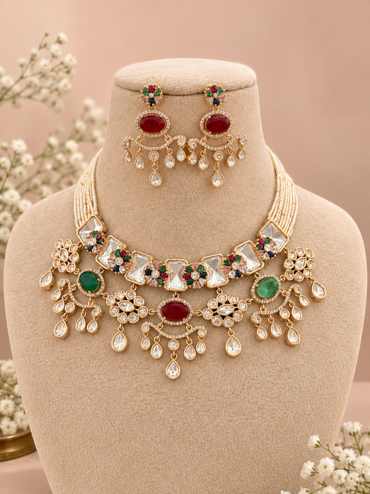 Bridal premium gold kundan and polki Necklace Set with Earrings