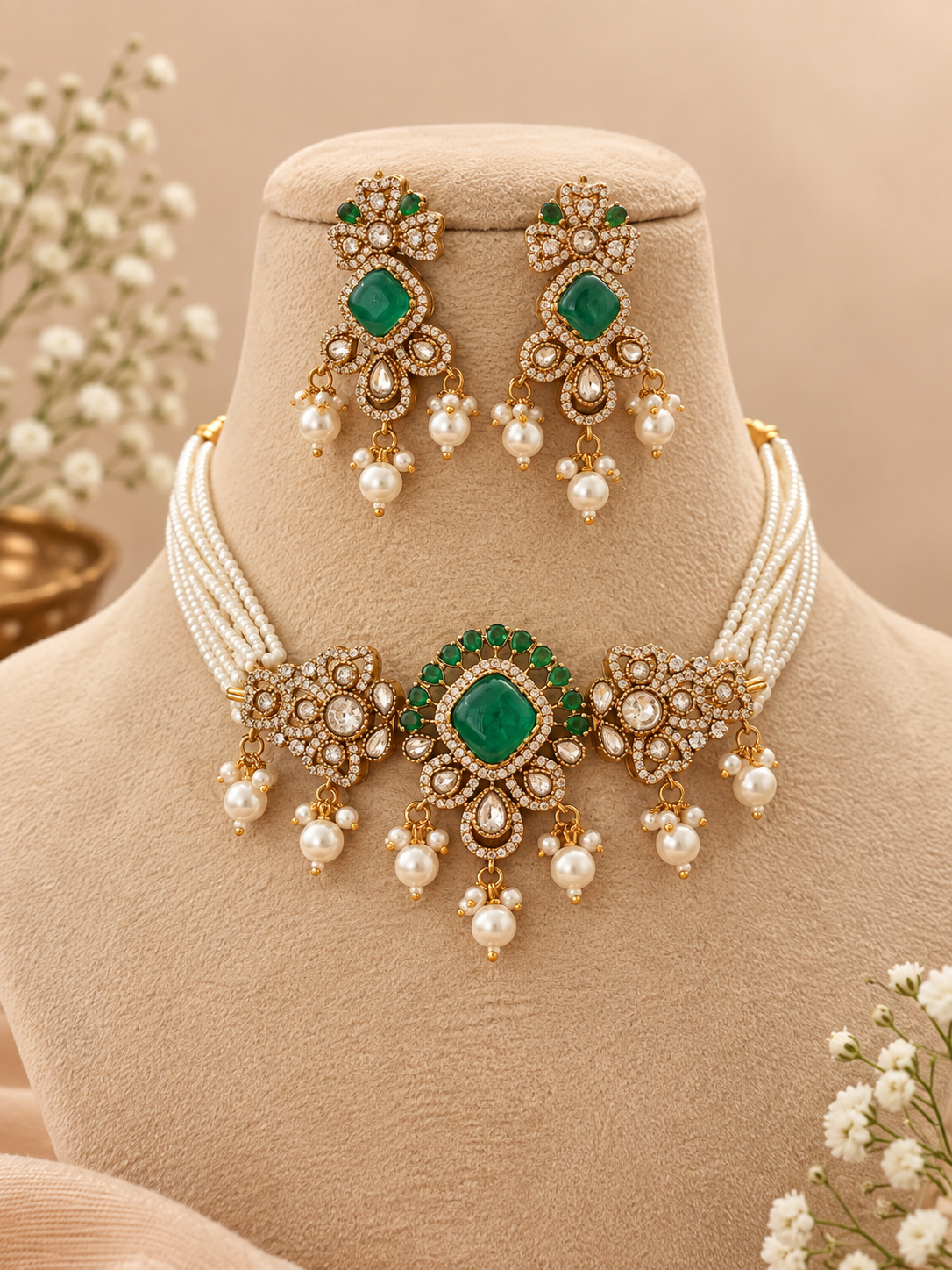 Bridal premium gold kundan and polki Necklace Set with Earrings