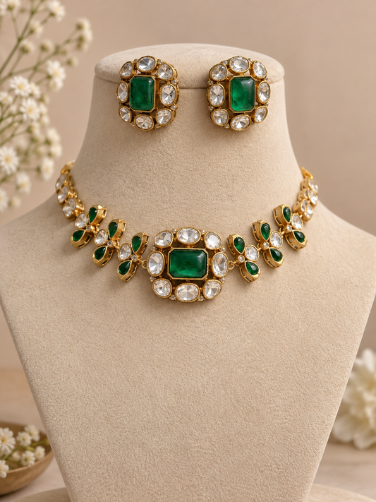 Premium floral  kundan and polki Necklace Set with Earrings