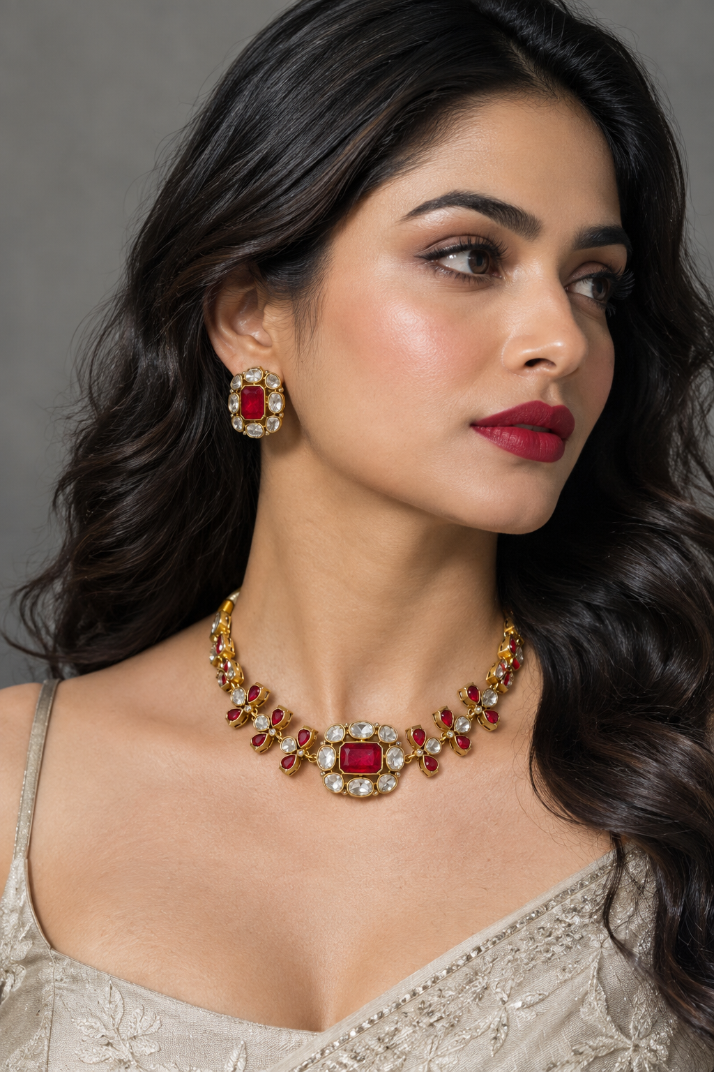Premium floral  kundan and polki Necklace Set with Earrings