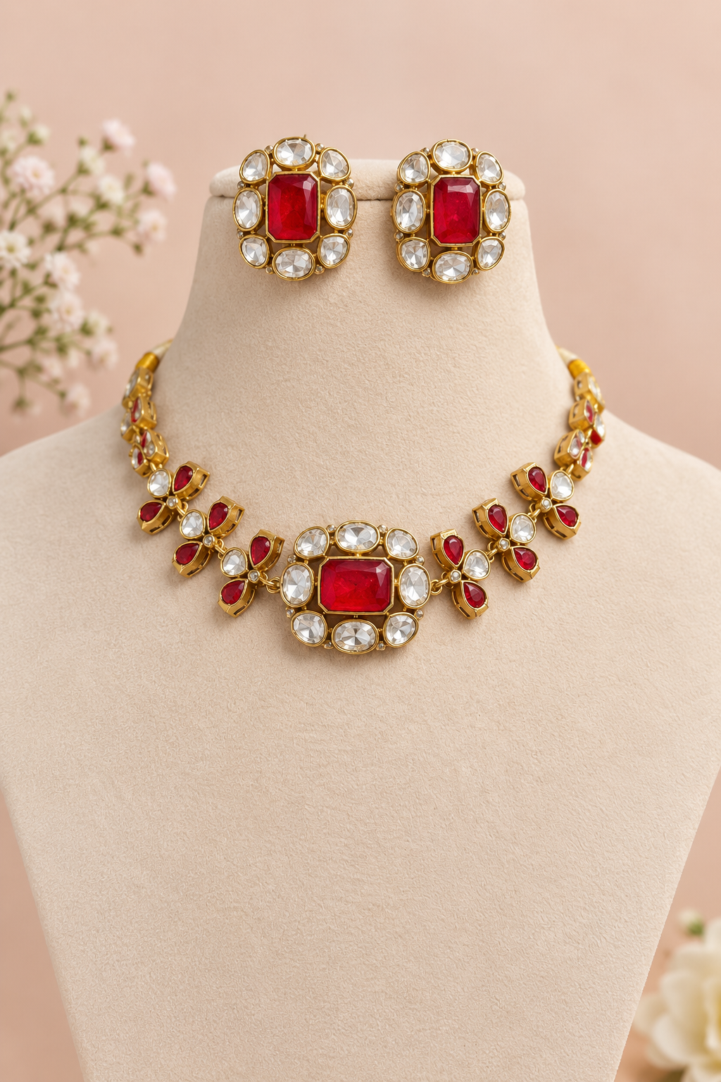 Premium floral  kundan and polki Necklace Set with Earrings