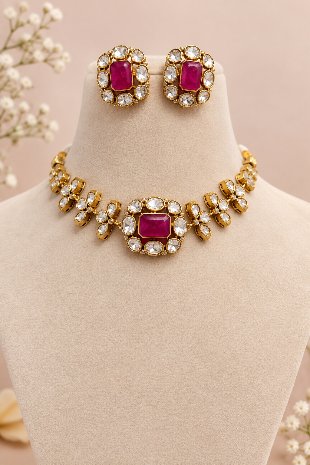Premium floral  kundan and polki Necklace Set with Earrings