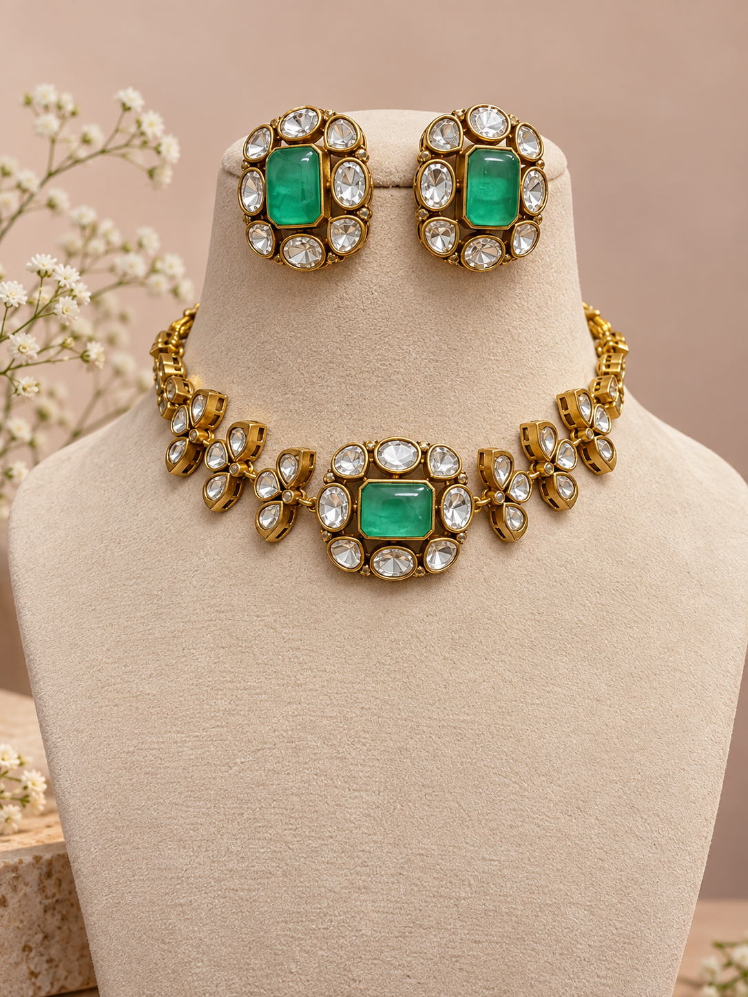 Premium floral  kundan and polki Necklace Set with Earrings
